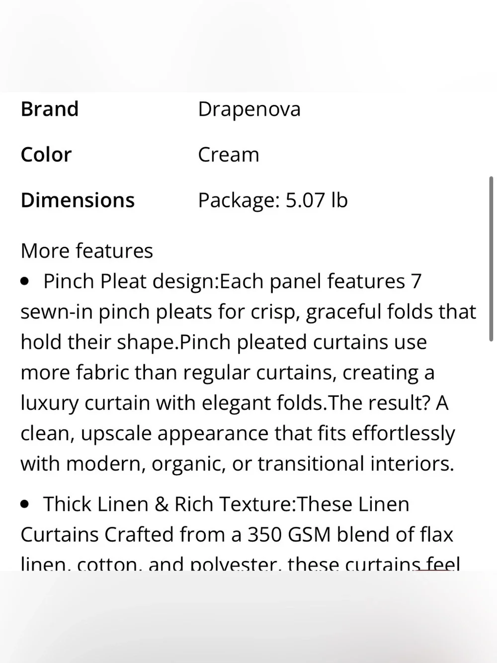 Pinch Pleated Linen Curtains with Hooks & Rings 84” SEMI-SHEER (2-Panels) CREAM